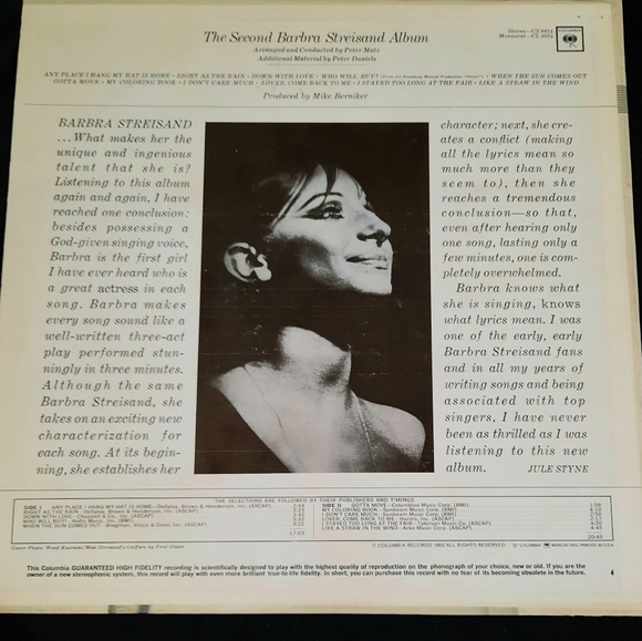Barbra Streisand- The Second Barbra Streisand Album, Vinyl LP 1963 - Picture 2 of 7
